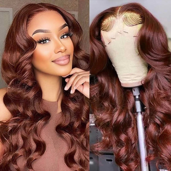 Reddish Auburn Color Body Wave Human Hair Wig Hair Human Hair Color For Dark Skins 4x4 Pre-Cut /Lace Closure Wigs 180% Density