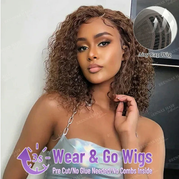 Brennas Hair #4 Curly Pre-Cut Lace Breathable Cap-Air Wig Brown Bob Wig For Black Women 180% Density