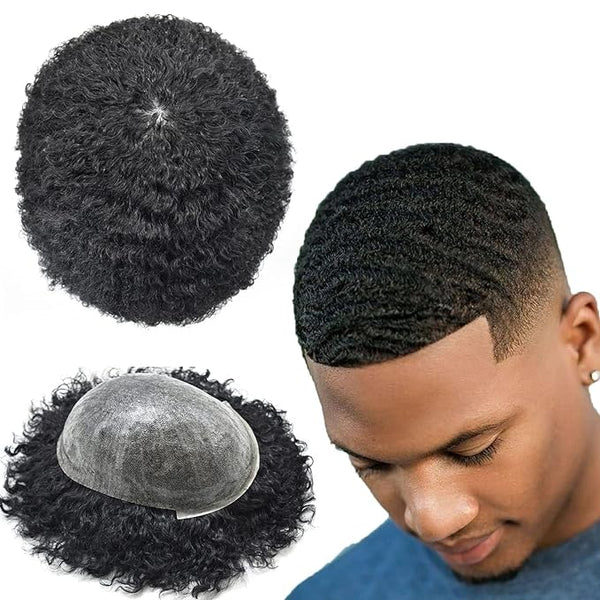 Afro Curl Mens Toupee Full Poly Skin Skin PU Injection Human Hair Replacement Systems African American THIN SKIN Man Weave Hair Unit 8X10inch (8"X10", #1Jet Black-10mm Wave Curl)- Brennas Hair