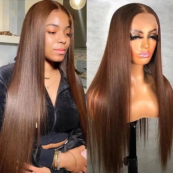 Brennas Hair Fall Hair Color Chocolate Brown 4x4 Transparent Lace Closure Straight Wig