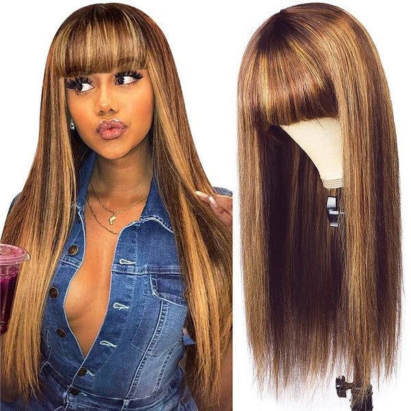 Brennas Hair Straight Highlight Non Lace Front Human Hair Wigs with Bangs Brazilian Virgin Hair Full Machine Made Wigs for Black Women
