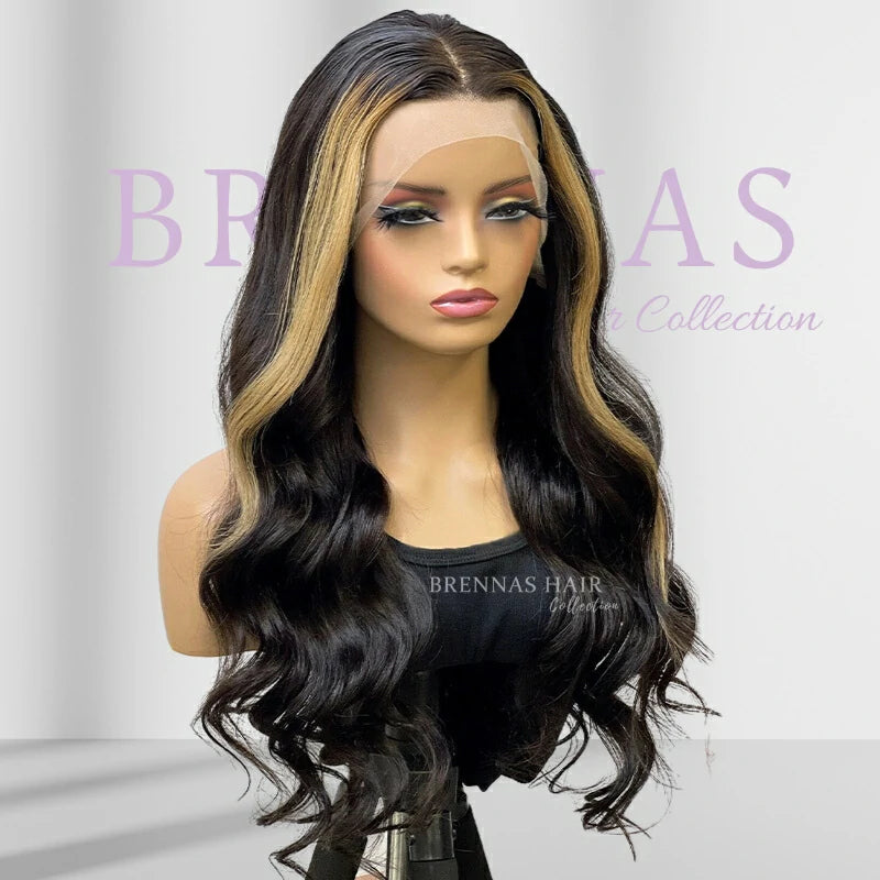 Brennas Hair Skunk Stripe Wig Wear & Go 4x4 / 6x4.5 Pre-Cut Lace Body Wave With Face Framing Highlights Glueless Breathable Cap-Air Wig 180% Density