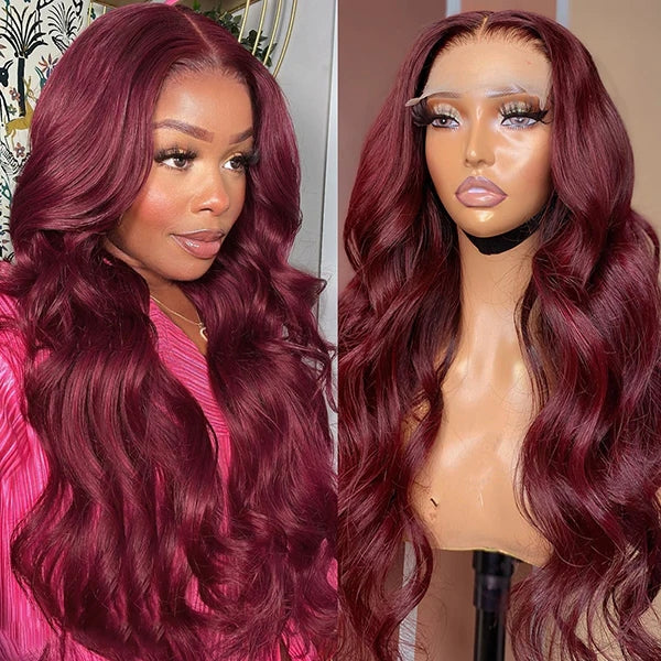 99J Burgundy Glueless 13x4 Transparent Lace Front Wigs Body Wave Pre-plucked Colored Human Hair Wigs