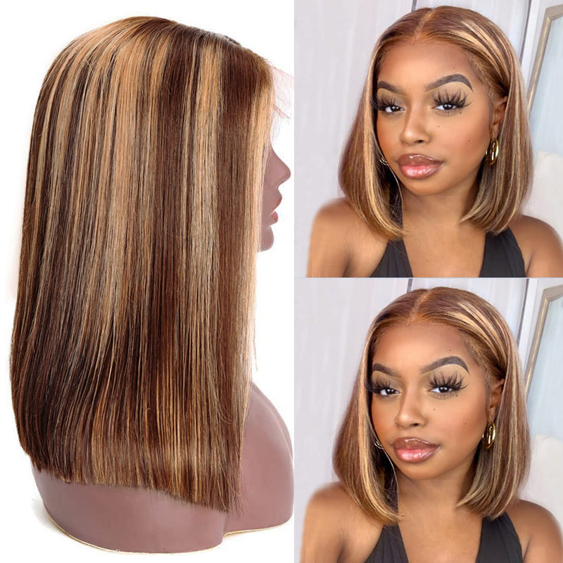 Brennas Hair Highlight p4/27 Straight Bob Human Hair 13x4/13x6 Lace Front Glueless Wigs