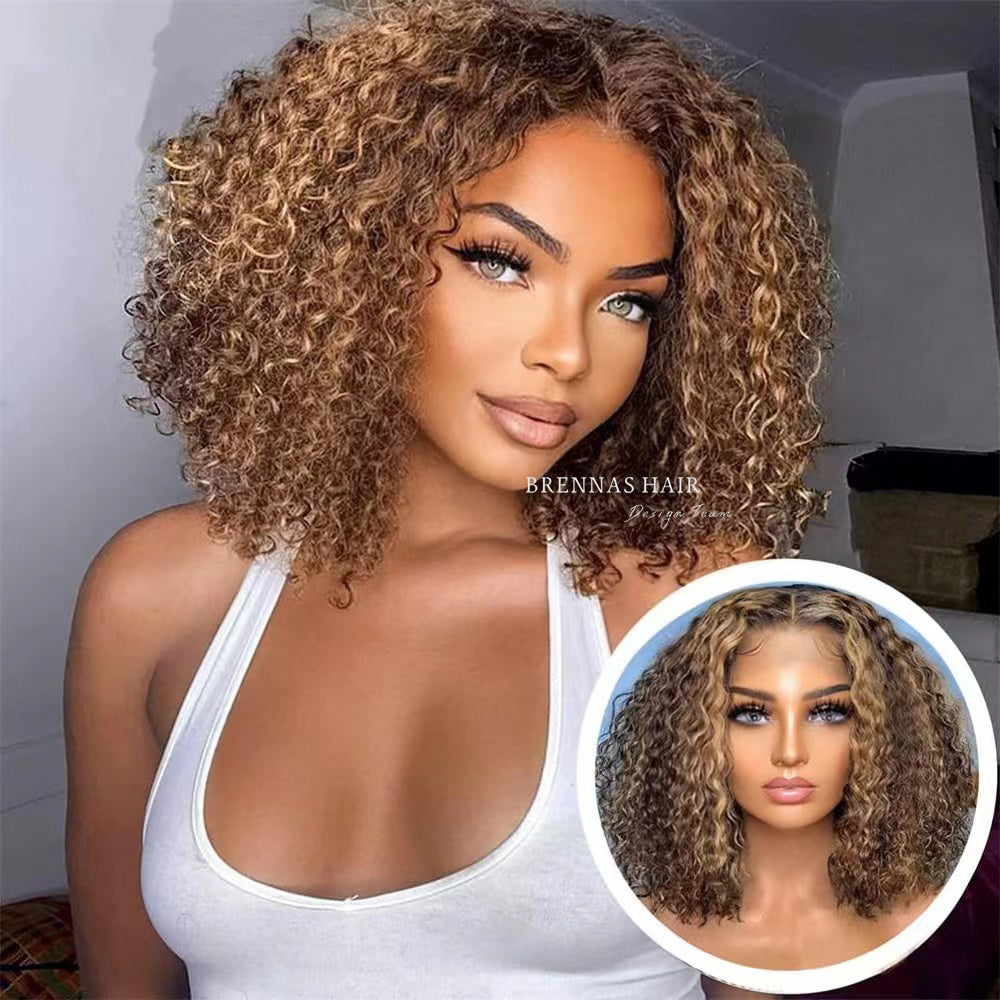 Brennas p4/27 Color Highlight Curly Wave 4x4 Lace Closure Wigs Human Hair Wig