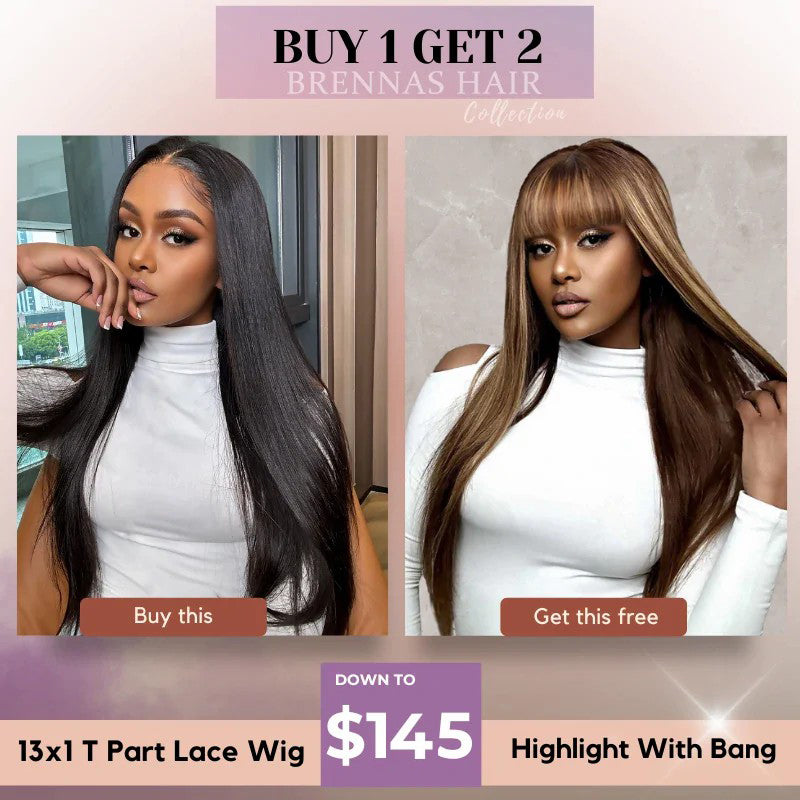 Buy 1 Get 2 - 16" 13x1 Straight T Part Lace Wig + 16" P4/27 Highlight With Bang Wig