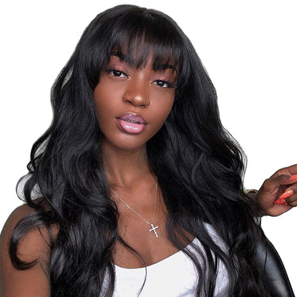 Brennas Hair Body Wave With Bangs Natural Black Wigs For Women Fashion Silky Soft Remy Hair Machine Made Glueless Full Wig