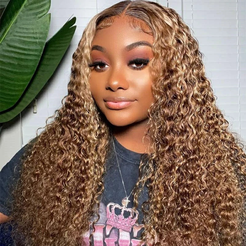 Brennas Hair Honey Blonde Highlight Pre Plucked 4x4 HD Lace Wigs Curly Human Hair Wigs