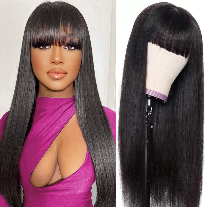 Brennas Hair Long Straight Wig with Bangs Natural Black Wigs for Women Fashion Silky Soft Remy Hair Machine Made Glueless Full Wig