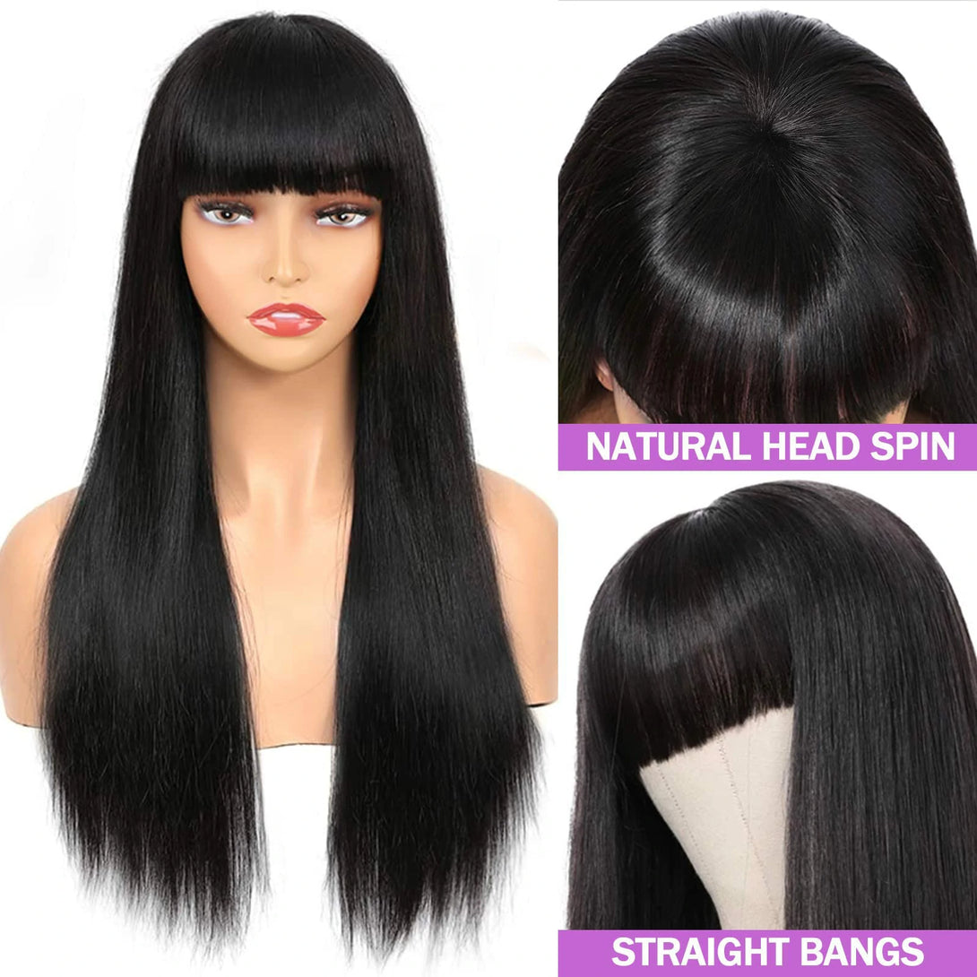 Brennas Hair Long Straight Wig with Bangs Natural Black Wigs for Women Fashion Silky Soft Remy Hair Machine Made Glueless Full Wig