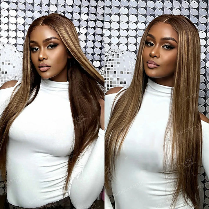 Brennas Hair Wear & Go 4x4 / 6x4.5 Lace Wear and Go Glueless Wig 180% Density 4/27 Highlight Straight Wigs No Glue Pre Plucked Natural Hairline Closure Wigs