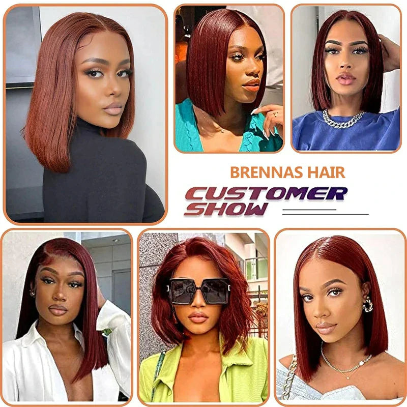 Brennas Reddish Brown Colored Short Bob Wig Human Hair 13x4 HD Lace Front Wigs for Women