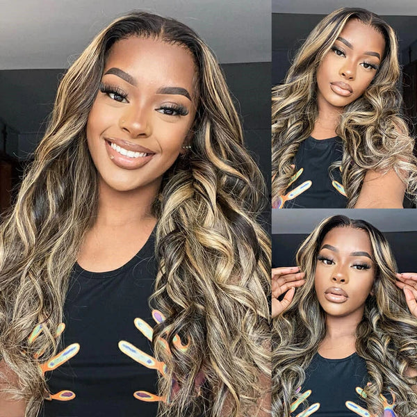 Brennas Hair Highlight Blonde with Black 13x4 Lace Frontal Body Wave Wig Brazilian Human Hair Wigs Pre Plucked 4x4 Lace Closure Wig for Women