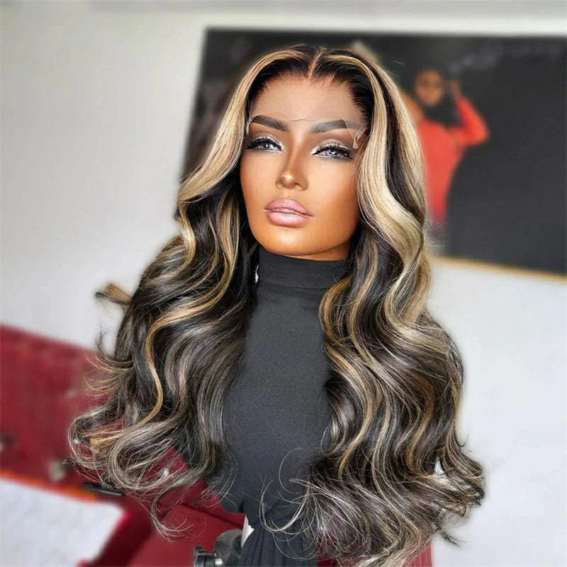Brennas Hair Highlight Blonde with Black 13x4 Lace Frontal Body Wave Wig Brazilian Human Hair Wigs Pre Plucked 4x4 Lace Closure Wig for Women