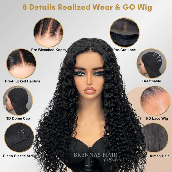 Brennas Hair Glueless 5x5 / 4x6 HD Pre Cut Lace Wear Go Glueless Closure Water Wave Wig