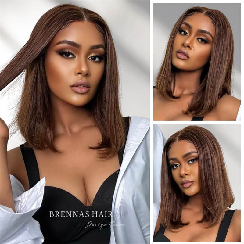 Brennas Brown Color Straight Bob Wigs 13x4/13x6 Lace Front Wig For Women Brazilian Remy Hair Pre Plucked With Baby Hair