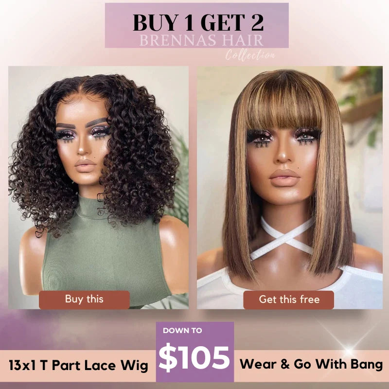 Buy 1 Get 2 - $105 = 8" 13x1 Curly Bob Wig T Part Lace Wig + 8" P4/27 Highlight Bob With Bang Wig 