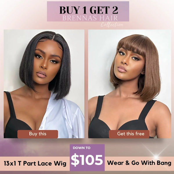 Buy 1 Get 2 - $105 = 8" 13x1 Bob Straight T Part Lace Wig + 8" #4 Brown Bob With Bang Wig