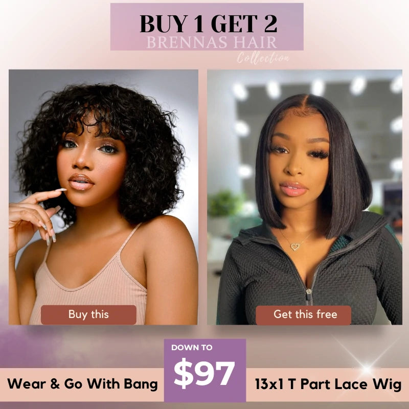 Buy 1 Get 2 - $96.99 = 8" 13x1 Bob Straight T Part Lace Wig + 8" Curly Bob With Bang Wig