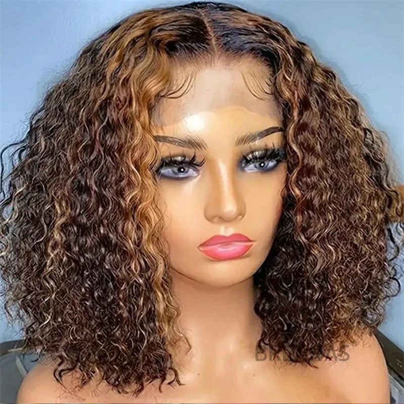 Brennas Hair P4/27 Highlight Wig Curly Bob Transparent 13x4/13x6 Lace Front Human Hair Wig