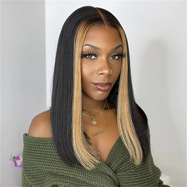 Brennas Hair Chic Face Framing Highlights Bob Wig Straight Colored Human Hair Wigs For Women Brazilian Remy Ombre 4x4 Lace Closure Wig