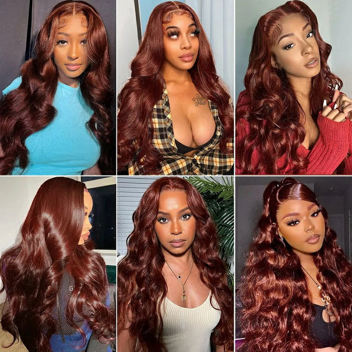 Reddish Auburn Color Body Wave Human Hair Wig Hair Human Hair Color For Dark Skins 4x4 Pre-Cut /Lace Closure Wigs 180% Density Brennas Hair