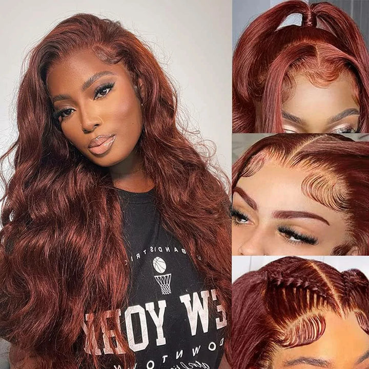 Reddish Auburn Color Body Wave Human Hair Wig Hair Human Hair Color For Dark Skins 4x4 Pre-Cut /Lace Closure Wigs 180% Density Brennas Hair