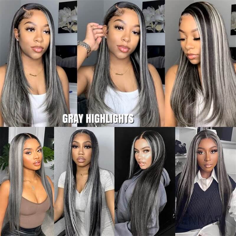 Brennas Hair Piano Wigs Natural Black Wigs With Grey Highlights Straight Mixed Gray Lace Front Wigs