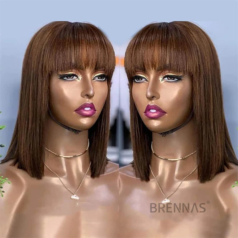 Brennas Hair Brown Short Bob Natural Straight Wig With Bangs