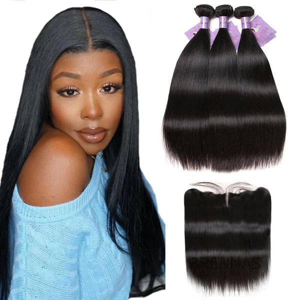 Brennas Hair Straight 3 Bundles With 13x4 Lace Frontal Middle Part
