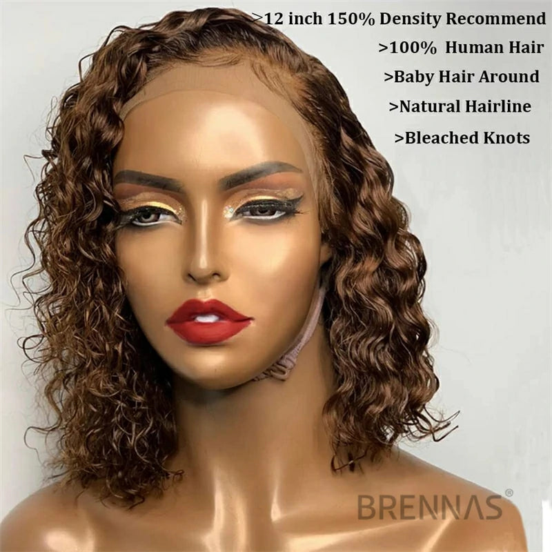 Brennas Hair Short Curly Bob Lace Front Wigs Chocolate Brown Human Hair Wigs for Black Women Glueless Wigs Pre Plucked with Baby Hair