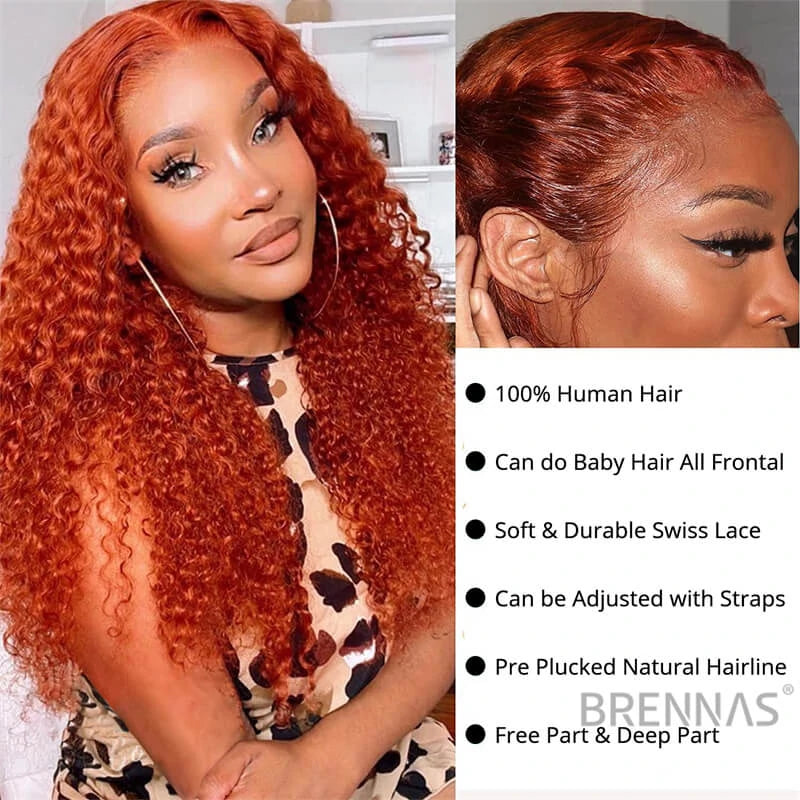 Brennas Hair Ginger Orange Color Curly 13x1 Lace Part Wigs Brazilian PrePlucked Transparent Wig For Women
