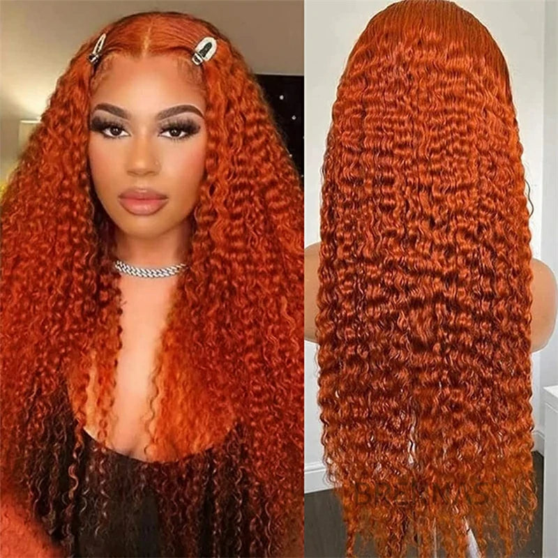 Brennas Hair Ginger Orange Human Hair Pre Plucked Brazilian Remy Colored Deep Wave Burnt Orange Red 13x4 Glueless Lace Frontal Wig for Black Women